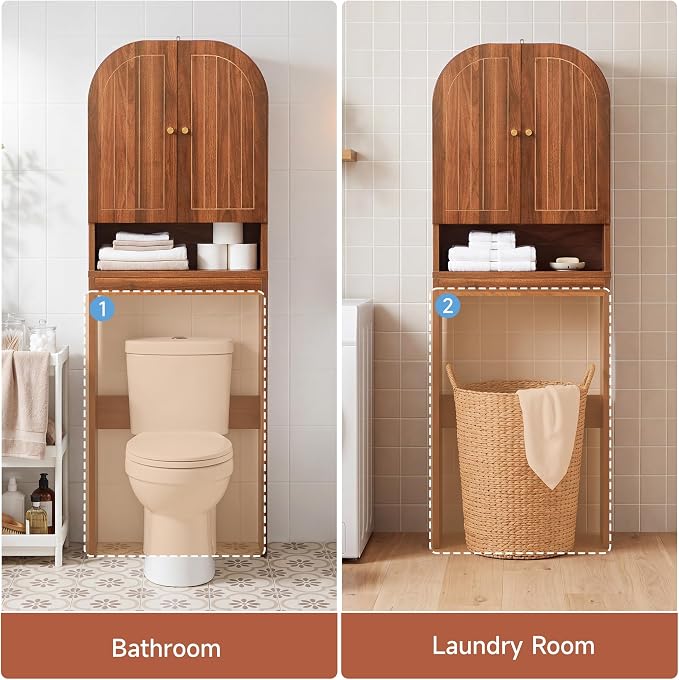 Over the Toilet Storage Cabinet, 70" Tall Bathroom Space Saver with Fluted Grooved Doors, Freestanding Over Toilet Organizer with Adjustable Shelves & Soft-Close Hinges for Small Bathrooms (Walnut)