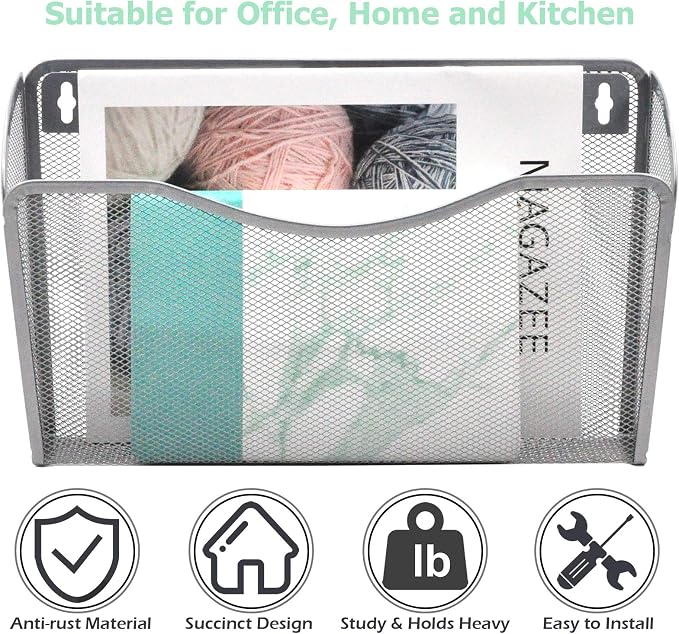 EASEPRES 3 Single Pocket Mesh Hanging File Organizer, Vertical Wall Mounted Magazine File Holder, Mount Basket Mail Paper Document Folder Organizing for Office, Home and School, Silver