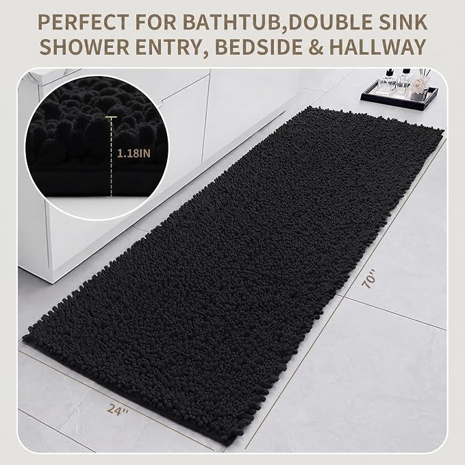 Bathroom Rugs Non Slip Washable 70x24, Extra Thick Soft Chenille Absorbent Bath Mat, High Density Barrier Non Slip Backing, Quick Dry Plush Shaggy Floor Carpet for Tub&Shower, Black