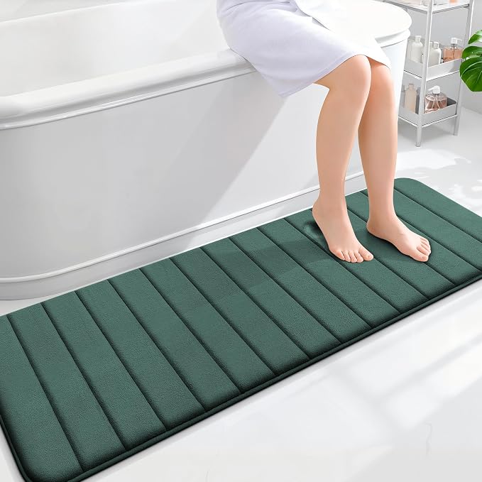 OLANLY Memory Foam Long Bathroom Rugs Runner 59x20, Super Soft Absorbent Bath Mat, Quick Dry, Machine Washable Shower Rugs, Bathmat Carpet, Bathroom Home Decor Accessories, Blackish Green