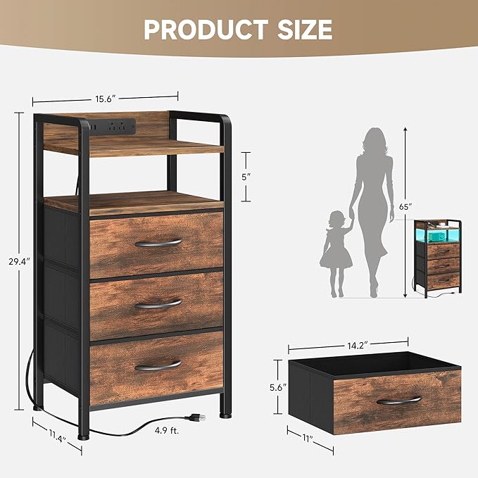 Lazzanto Night Stand Bedside Table Bedroom - Nightstand with Charging Station & LED Light Strip, Bed Side End Table with Storage Shelf & 3 Fabric Drawers, U-S-B Ports & AC Outlets, Rustic Brown