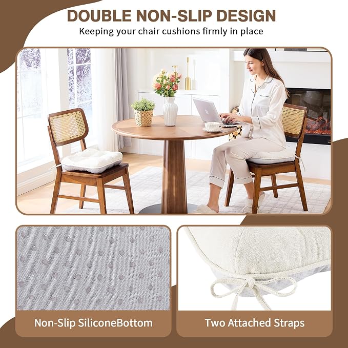 BETU White Chair Cushions for Dining Chairs Set of 2,3.5" Thick Kitchen Table Chair Pads with Ties,Non Slip Backing and Covers, Seat Cushion for Dining Room,Bar,Patio Chairs,15.5"X15.5"X3.5",White