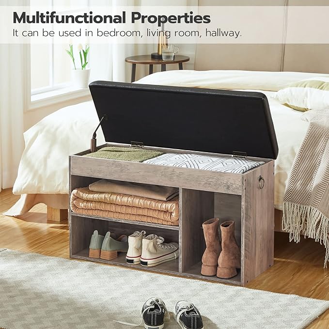 HOOBRO Shoe Storage Bench with Cushion, 32.3'' Entryway Bench with Lift Top Hidden Storage and Adjustable Shelves, Wooden Shoe Rack Bench for Entryway Bedroom, Rustic Brown and Black BG40HX01