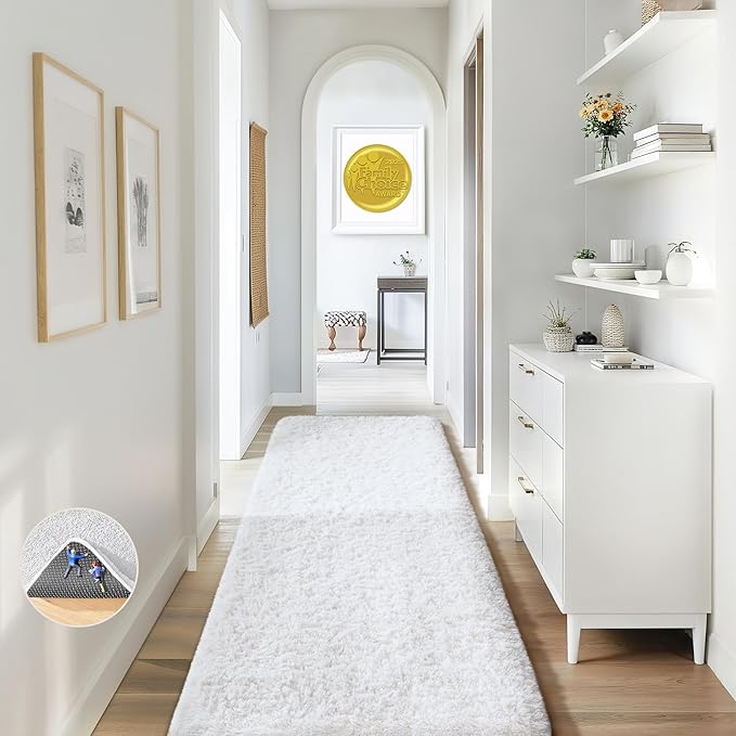 Ophanie Runner Rug for Hallway, 2x6 Washable Non-Slip Fluffy Soft Bedside Rugs, Bedroom Living Room Shaggy Carpet for Kids Girls Boys Dorm Nursery Home Decor Aesthetic, White