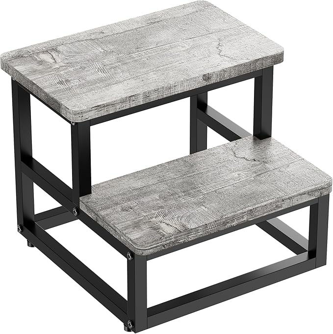 SZLHANJZ Step Stools for Kids Adults, Heavy Duty Stepping Stools Bed Steps for High Beds, Non-Slip Metal and Wooden 2 Steps Foot Stool for Bedside Kitchen, Round Corner, 500 Lbs Capacity, Gray Pattern