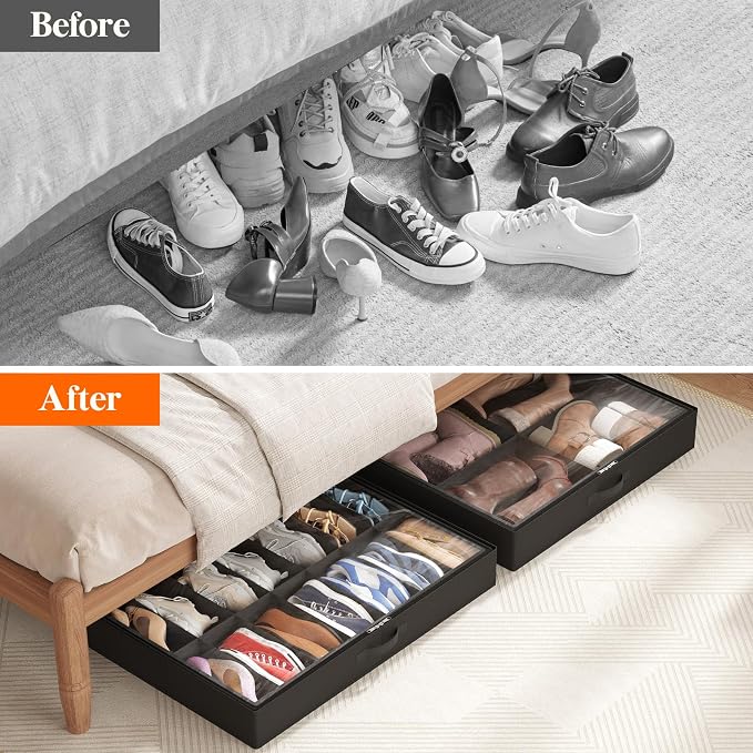Lifewit Under Bed Shoe Storage Organizer 1 Pack(14 Shoes Cells+4 Boots Cells), 4.3 Inches Profile Fabric Shoes Container Box with Clear Cover, Foldable Storage Bag with 2 Handles, Fits 11 to 18 Pairs