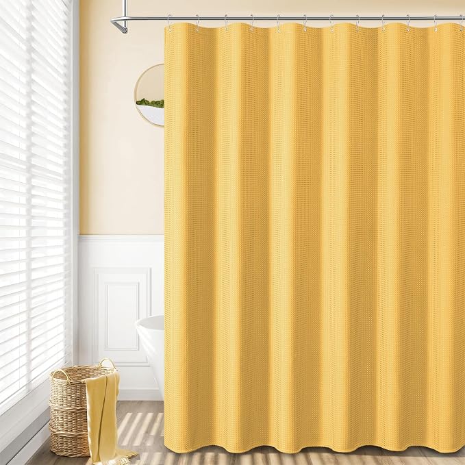 Dynamene Gold Fabric Shower Curtain - Waffle Weave Textured Heavy Duty Cloth Shower Curtains for Bathroom, 256GSM Hotel Luxury Weighted Bath Curtain Set with 12 Hooks,72x72, Gold
