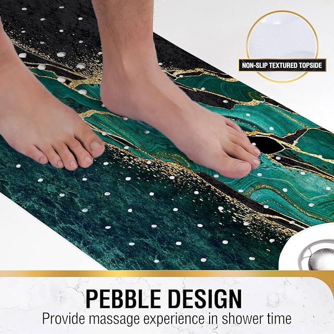 Bathtub Mat Non Slip, 40x16 inch Bath and Shower Safety Mats, Green and Gold Marble Tub Mat for Bathroom, Tub Shower Mat with Drain Holes and Suction Cups