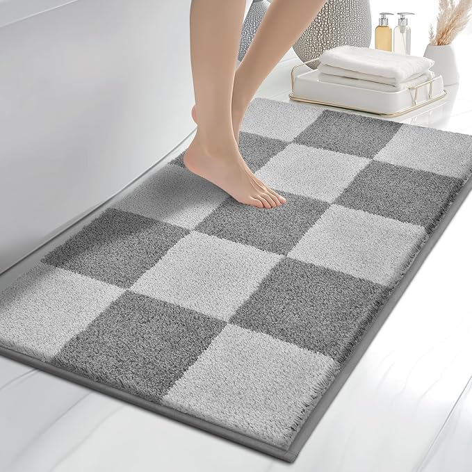 anllugs Bathroom Rugs 24" x 36", Non-Slip Extra Soft Absorbent Bath Rugs, Machine Washable Quick Dry Bath Mats for Bathroom Floor, Shower, Bathtub and Sink, Checkered Light Grey & Grey