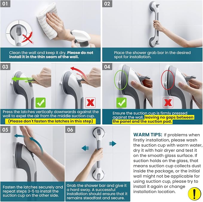 TAILI Grab Bars for Bathtubs and Showers 2 Pack Suction Grab Bar, Heavy Duty Shower Handle Removable Bath Handrails for Seniors and Elderly, Bathroom Safety Grip No Drilling Waterproof,Grey,G9