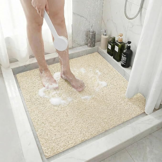 Square Shower Mat Non Slip, 24 x 24 Inch PVC Loofah Shower Mats for Wet Area, Soft Comfortable Bath Mats for Bathroom, Foot Scrubber Anti Slip Bath Mat with Drain, Quick