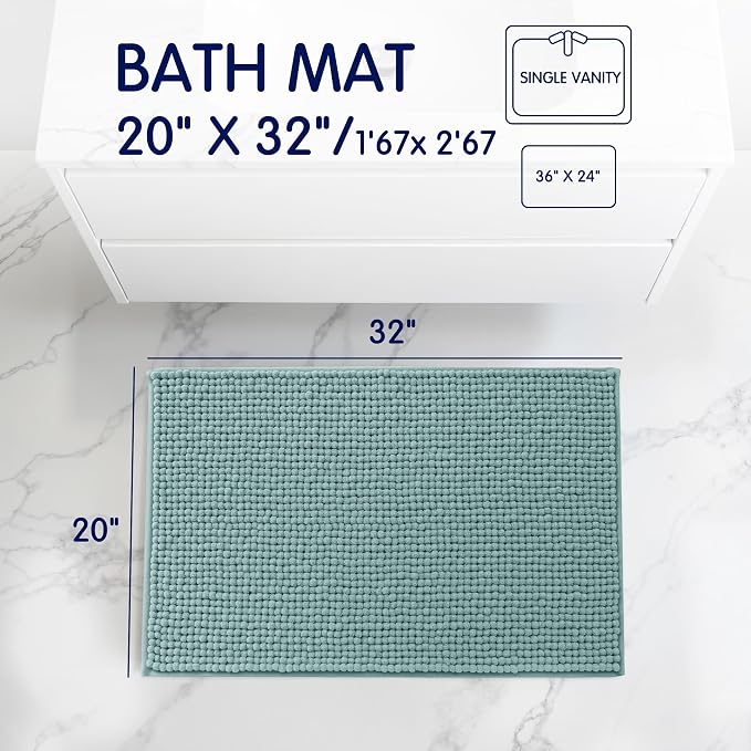 SUBRTEX Bathroom Rugs, 20" x 32" Chenille Bath Rug Soft Short Plush Bath Mat Soft Shower Mat Water Absorbent Shower Mat Quick Dry Machine Washable, Light Green