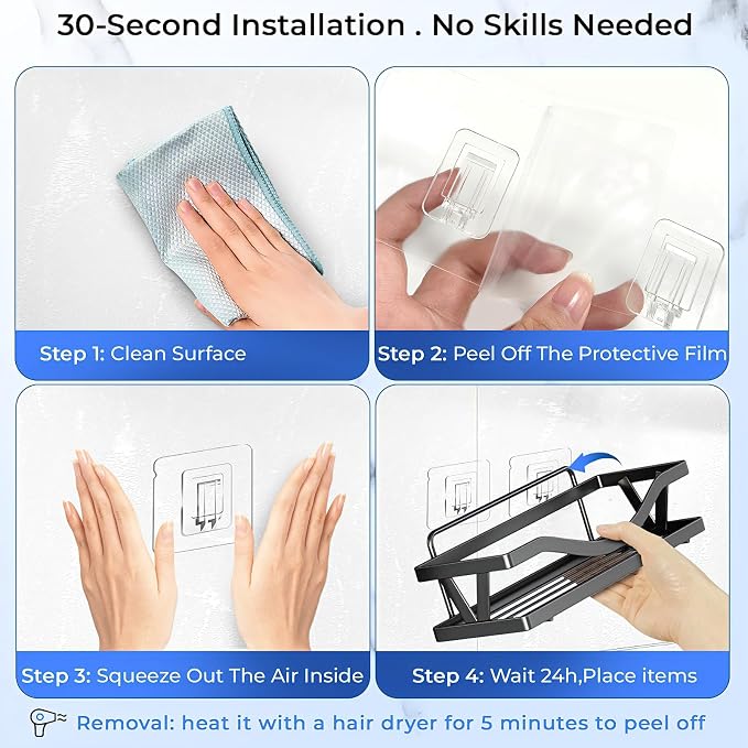 Shower Caddy Adhesive Replacement Hooks, Heavy Duty Waterproof Strips, No Drilling for Bathroom Shelves, Kitchen Racks, and Soap Holders (Transparent-14 Pack 1 Hook)