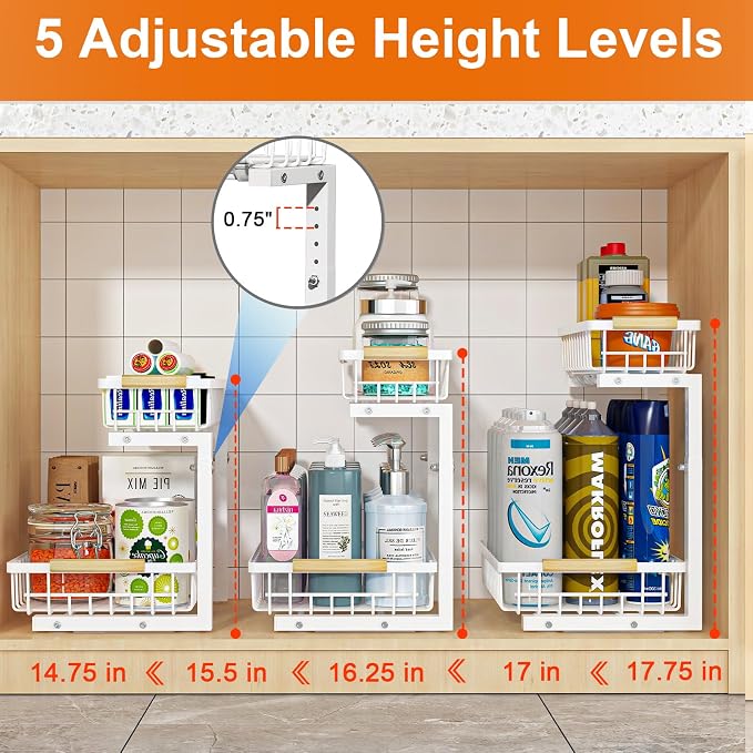 REALINN Under Sink Organizer, 2 Pack Height Adjustable Under Sink Organizers and Storage, 2 Tier Pull Out Drawer Cabinet Storage for Kitchen Bathroom, White