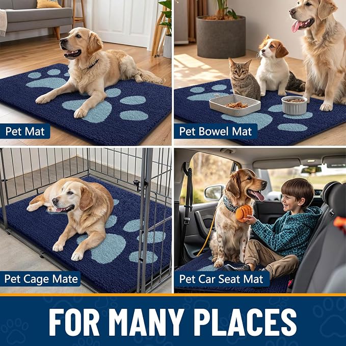 Smiry Dog Door Mat for Muddy Paws, Absorbs Moisture and Dirt, Low-Profile Entryway Mat with Non-Slip Backing, Entry Indoor Outdoor Doormat for Inside Floor (59x24 Inches, Dark Blue, Paw)