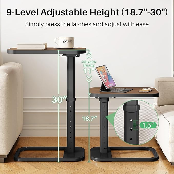 Kitstorack Upgraded TV Tray Table with Panel Lock, 90° Flip-Over Design & Adjustable Height, Sofa Arm Side Table for Eating, Laptop, Couch, Bed, or Small Spaces, Espresso