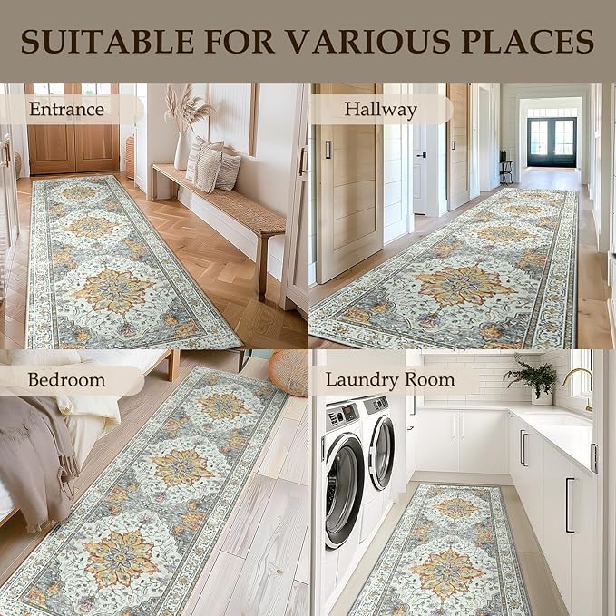 RELEANY Area Rugs Runner 2'x10' Washable Non-Slip, Floral Vintage Distress Medallion Carpet for Kitchen Hallway Bedroom Beside Laundry Room Bathroom, Beige Carbon Grey Orange