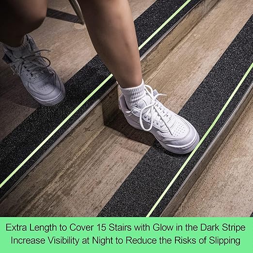 Anti Slip Tape with Glow in Dark Stripe for Stairs, 6”x35ft, Grip Tape for Stairs Steps for Outdoor/Indoor, Waterproof Non Slip Strips for Stair Treads, High Traction, Easy Install