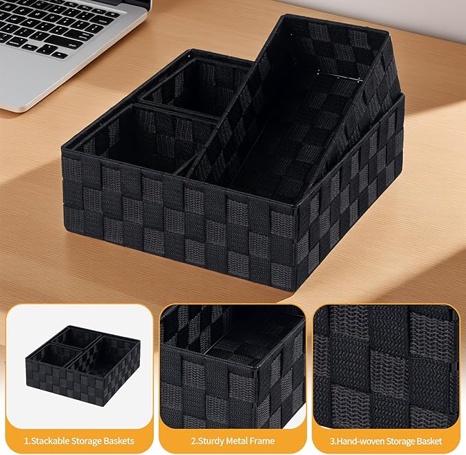 Posprica Small Black Baskets Cube Bin Container Tote,Woven Storage Baskets for Organizing Organizer Divider for Drawer, Closet, Shelf, Dresser, Set of 4