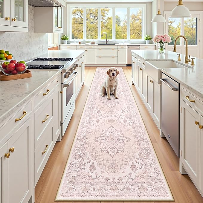 RELEANY Area Rugs Runner 2'x10' Washable Non-Slip, Floral Vintage Distress Medallion Carpet for Kitchen Hallway Bedroom Beside Laundry Room Bathroom, Pink Greypink Cute