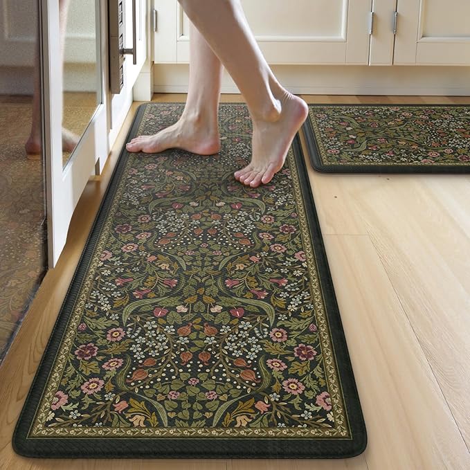 Collive Anti Fatigue Kitchen Mats, Spring Green Floral Kitchen Rugs Sets of 2 Non Slip Waterproof Standing Mat, Washable Vintage Comfort Desk Rug for Office, Sink, Laundry, 17.3"x29"+17.3"x47"