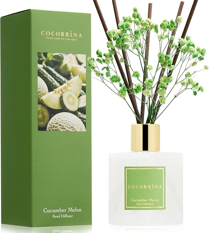 COCORRÍNA Reed Diffuser - Cucumber Melon 6.7 fl oz Reed Diffuser with Sticks, Home Bedrrom Bathroom Shelf Decor