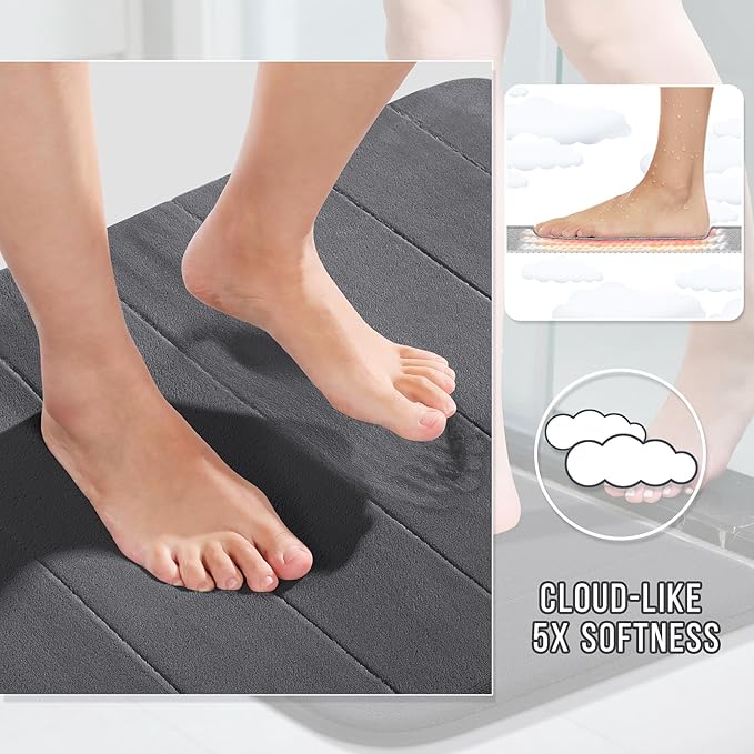 Yimobra Memory Foam Bathroom Rugs Sets 2 Piece - Super Soft Absorbent Quick Dry Bath Mat Set, Machine Washable Non Slip Floor Carpet for Tub Shower & Single Sink (17x24 & 31.5x20 Inch, Dark Gray)