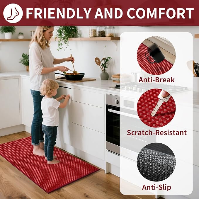 YDKGL Kitchen Rugs Non Slip Washable, Rubber Backing Soft Chenille Braided Kitchen Mats for Floor, Super Absorbent Kitchen Runner Rug Standing Mat Sink Mat, Easy to Clean, Red 17"x47"