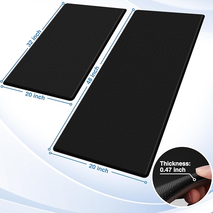 StepRite Kitchen Mats, 2PCS Kitchen Rugs, Cushioned Anti Fatigue Kitchen Mats for Floor, Non-Slip Standing Desk Mat, Waterproof Kitchen Rug Set for Kitchen, 20" x 32"+20" x 48"-0.47 inch Thick, Black