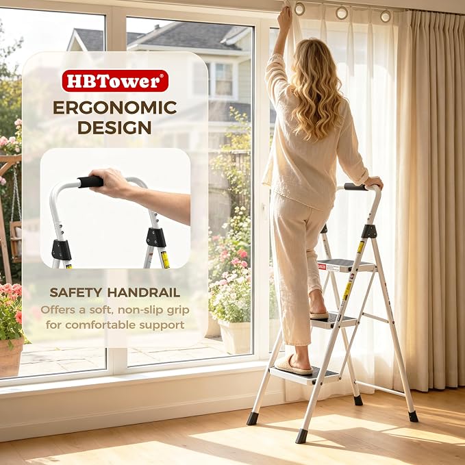 HBTower 3 Step Ladder, Heavy Duty Step Stool with Anti-Slip Pedal and Feet, Folding Step Stool for Adults, Comfortable Handrail, Portable Ladder for Home Kitchen Garage Outdoor, 330 Lbs, White