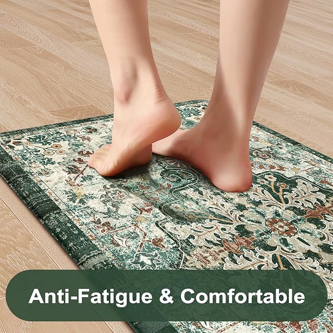 KIMODE Kitchen Mats Cushioned Anti Fatigue, Boho Oriental Kitchen Rugs 17"x47"+17"x29", Non Slip Kitchen Mats for Floor, Padded Kitchen Floor Mats for Sink Laundry Office Desk Green Multi