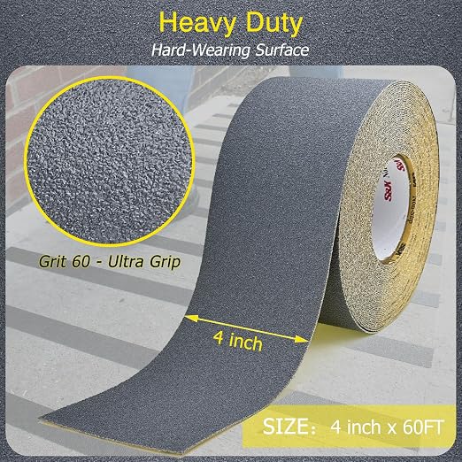 S&X Gray Anti Slip Traction Tape 4 Inch x 60 FT Roll, Grit 60 Ultimate Non-Slip Grip Tape for Outdoor Stair Treads Non Skid for Wooden Steps & Exterior Grips Waterproof, Extra-Durable, Long-Lasting