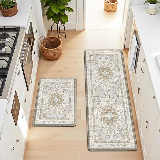 Boho Kitchen Mats for Floor 2 Piece Set Anti Fatigue Cushioned PVC Kitchen Rugs Non Slip Waterproof Farmhouse Mats 2/5 Inch Comfort Standing Mat for Sink, Laundry, 23.6"x39"+23.6"x59",C4