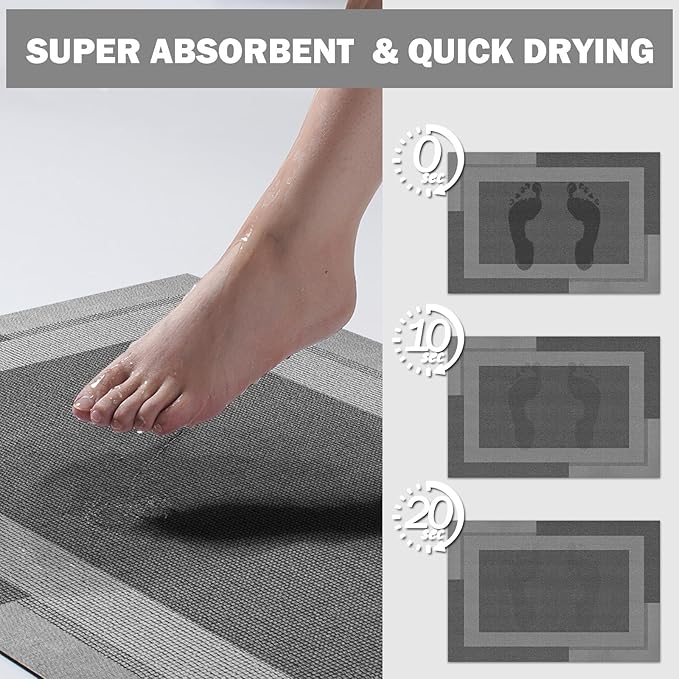 YDKGL Non Slip Long Bathroom Runner Rug Bath Mat, Rubber Backing Ultra Thin Bathroom Rugs Fit Under Door Quick Dry Super Absorbent Washable Shower Mat for Bathtub Sink Floor, Dark Grey 17"x59"