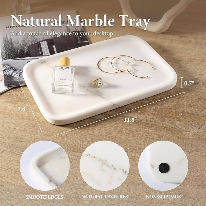 Koville Marble Tray, 12"x8" Marble Vanity Tray for Countertop Bathroom Kitchen Dresser, Decorative Catchall Trays for Perfume Jewelry, Rectangular Stone Serving Tray(Oriental Calacatta