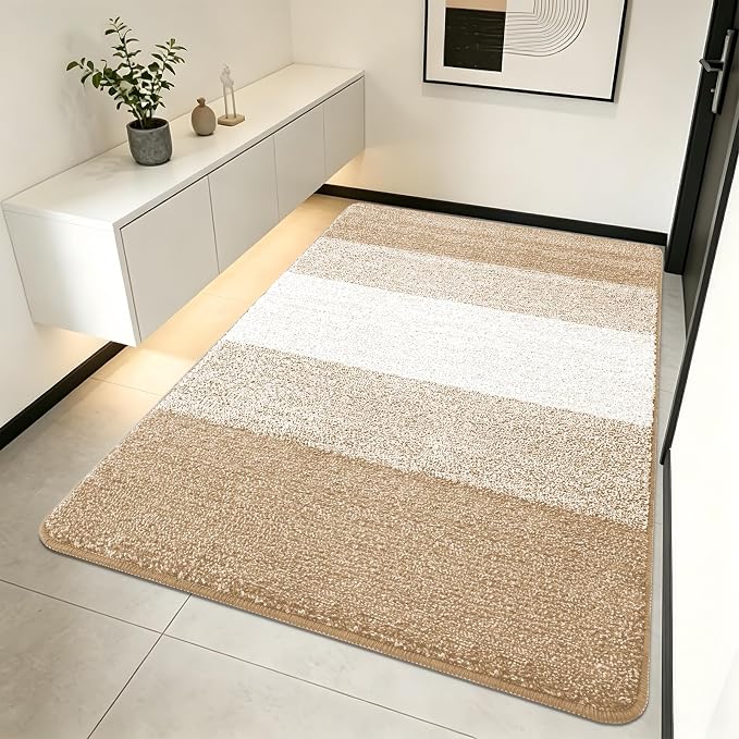 Kitinjoy Indoor Outdoor Door Mat, 70x35 Non-Slip Absorbent Dirt Trapper, Low-Profile Washable Inside Entrance Front Floor Mat, Sturdy Soft Entry Doormats for Entryway, Beige
