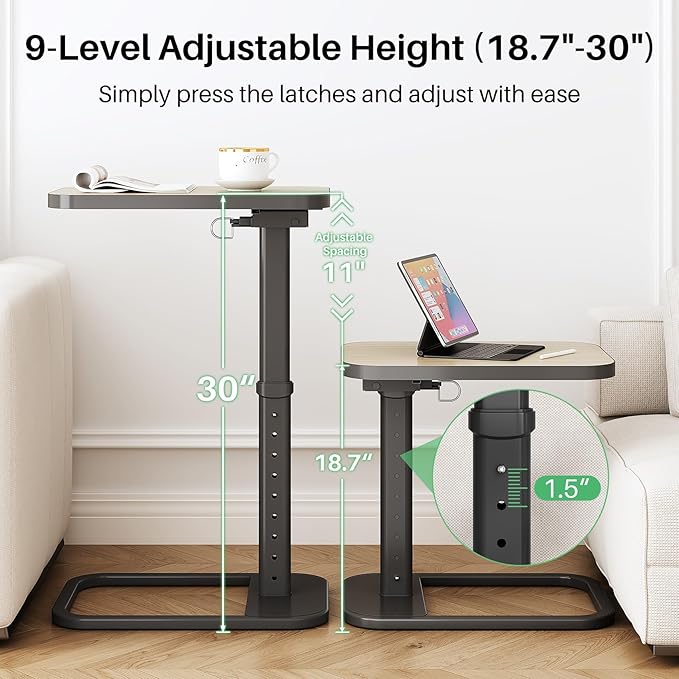 Kitstorack Upgraded TV Tray Table with Panel Lock, Adjustable Height & 90° Flip-Over Design, Sofa Arm End Side Table for Eating, Dinner, Snack, Laptop, Couch, Bed, Chair or Small Spaces, Gray