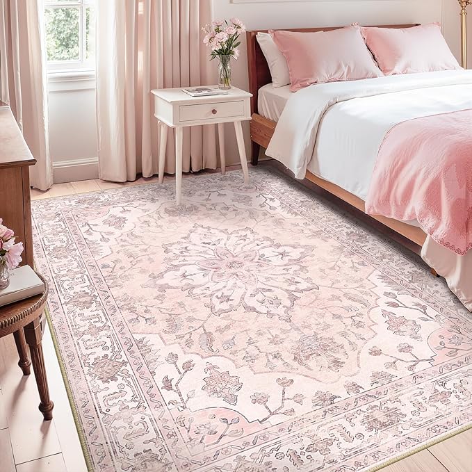 RELEANY Area Rugs 5'x8' Washable Non-Slip, Floral Vintage Distress Medallion Carpet for Living Room Bedroom Dining Room, Pink Greypink Cute