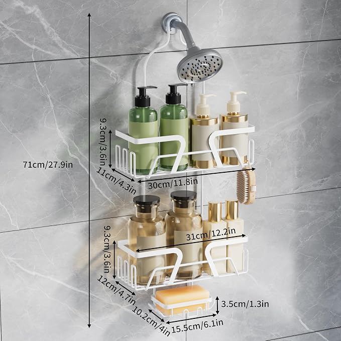 DAOYA White Shower Organizer Hanging - 2 Over The Shower Head Caddies + Soap Dish, Stainless Steel Rust-Free Bath Organizer
