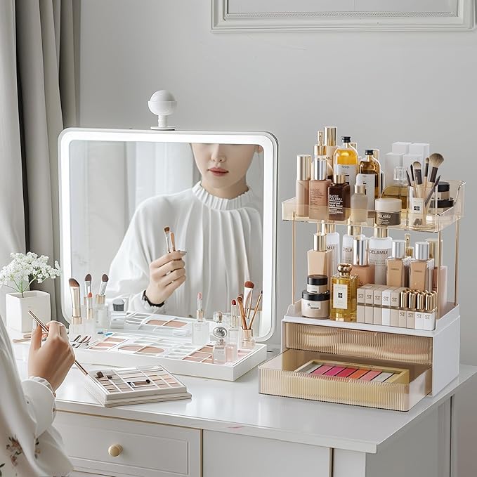 Delamu Bathroom Organizers and Storage, 2 Tier 2 Drawer Makeup Organizer Countertop, Easy to Install, Ideal for Bathroom Counter, Vanity, Ideal Gifts for Women Girls, Amber