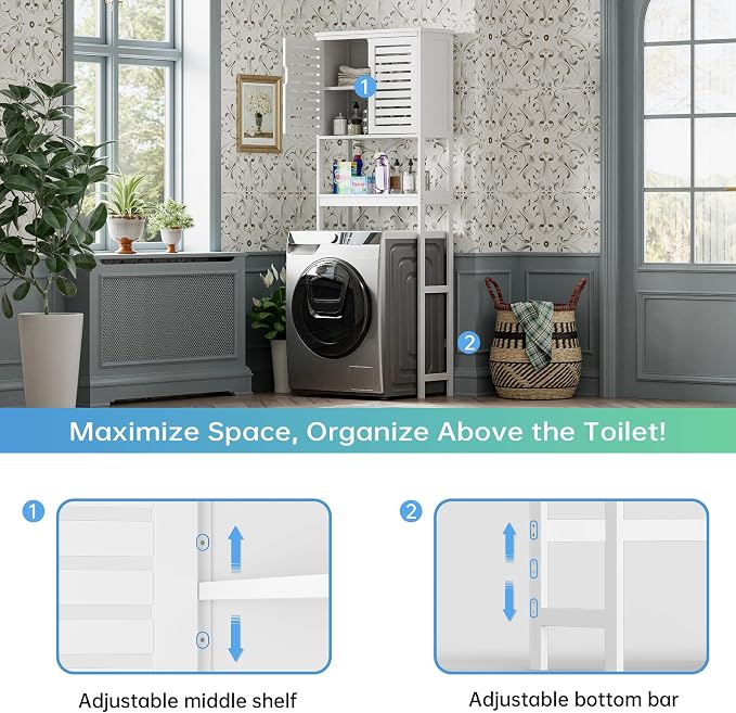 SMIBUY Bathroom Over The Toilet Storage Cabinet, 2 Door Bamboo Cabinet Organizer, Freestanding Space Saver Toilet Rack with Adjustable Inside Shelf and Open Shelf (White)