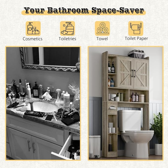 Vabches Over The Toilet Storage Cabinet, Farmhouse Storage Cabinet Over Toilet with 2 Barn Door & Toilet Paper Holder Stand, Home Space-Saving Rack, for Bathroom, Restroom (Grey).