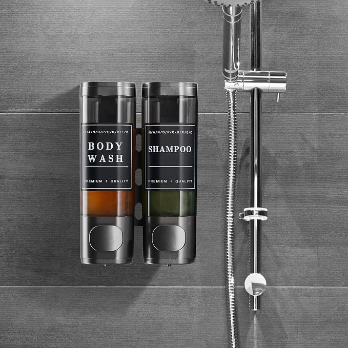 2-Chamber Wall-Mounted Shower Soap Dispenser for Shampoo and Conditioner - No Drill, Large Capacity Bathroom Dispenser for Hotel - Gun Gray