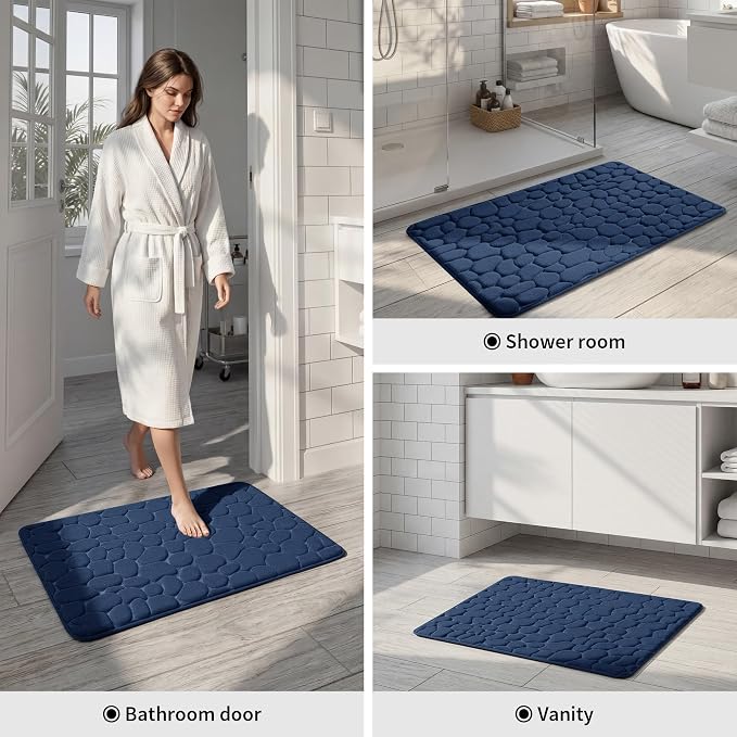 YIHOUSE Memory Foam Runner Rug, Cobblestone Bathroom Runner Rugs Super Water Absorbent Bath Mats for Bathroom Machine Washable Bath Rugs for Hallway Bedroom Laundry Room(20 x 47,Dark Blue)