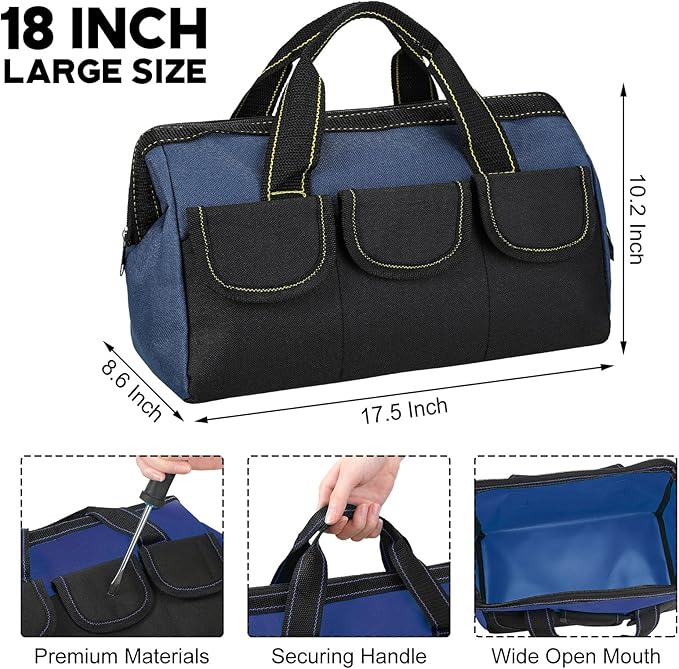 Sanwuta 3 Pack Tool Bag for Men with Waterproof Hard Bottom, Heavy Duty Tool Bag Wide Mouth Tote for Various Instrument, Electrician Carpenter Mechanic(Blue,18 Inch,Classic)