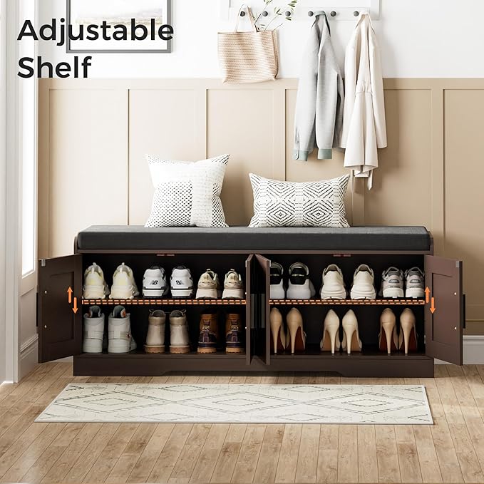 Homleke 2-Tier Storage Bench, Shoe Bench with Thickened Padded Seat Cushion, Entryway Bench with 4 Doors, Adjustable Shelf, 13.8" D x 45.3" W x 18.5" H, for Entryway, Living Room, Bedroom, Brown