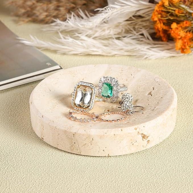 Koville Marble Jewelry Dish, Small Round Trinket Dish for Ring Necklace Earring, 4" Decorative Dish, Natural Stone Soap Dish for Bathroom Kitchen