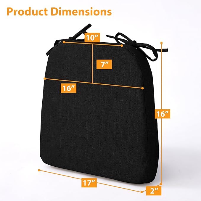 Ruqmuis Chair Cushions for Dining Chairs, 2" Thick Seat Cushions for Kitchen Chairs, D-Shaped Chair Pads with Washable Cover, Ties and Non Slip Backing, 17'' x 16'', Set of 6, Black