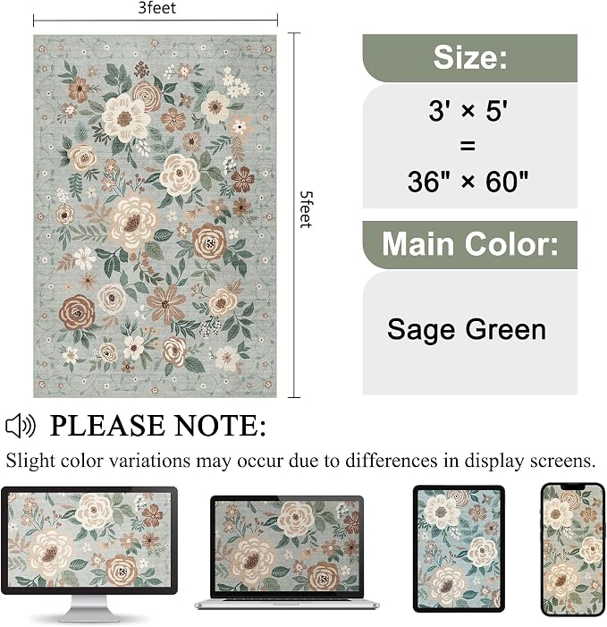 DUKINO 3x5 Area Rug, Floral Rugs for Living Room, Lightweight Non Slip Washable Rug, Indoor Low Pile & Non-Shedding Boho Design Rugs for Bedroom, Living Room, Dining Room, Sage Green