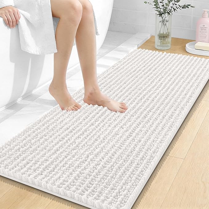 OLANLY Long Bathroom Rugs Runner 47x20, Thick Soft and Absorbent Chenille Bath Mat, Non-Slip, Machine Washable Quick Dry Bath Rugs for Tub Shower Floor, Home Decor Accessories, Ivory